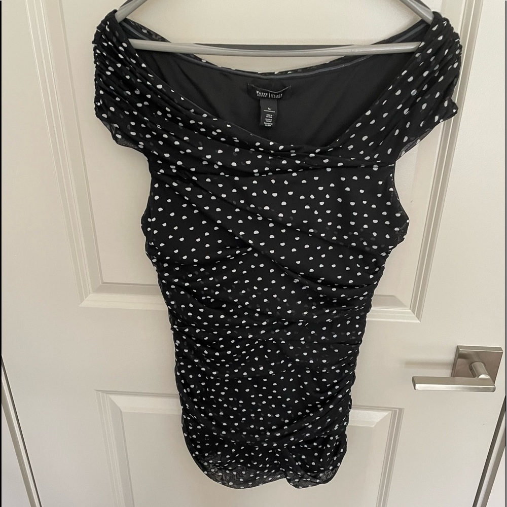 WHBM Sleeveless Ruched Top | Size Medium B&W Polka Dots